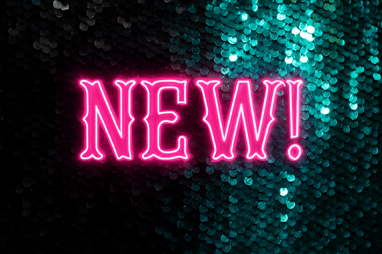 Black and turquoise shifting sequins with western-style pink neon NEW text
